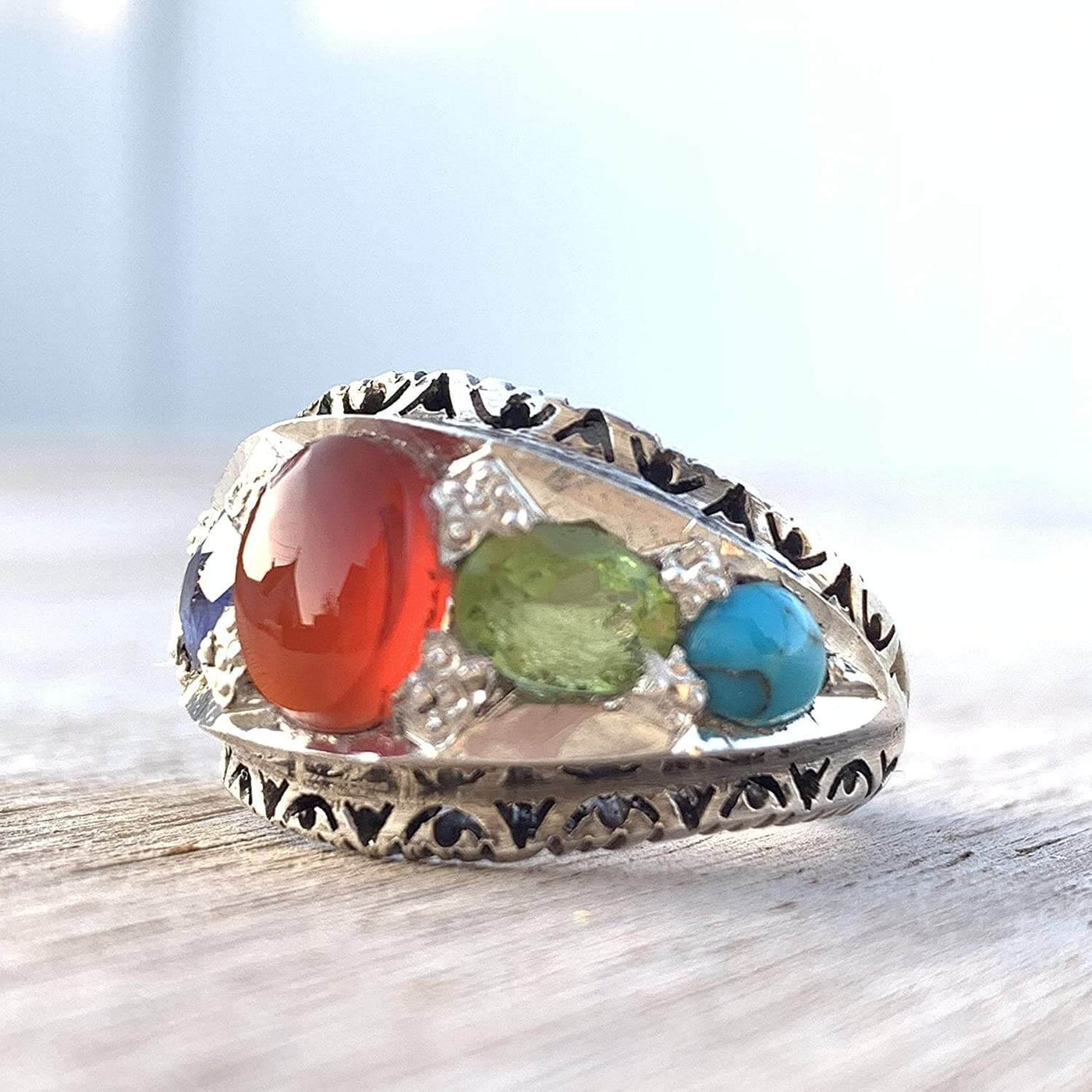 Multi Stone Handmade Persian Ring | Sapphire Peridot Agate Quartz Turquoise - Al Ali Gems