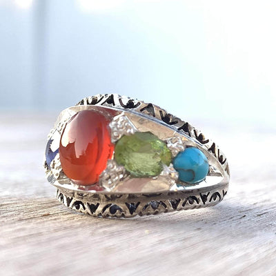 Multi Stone Handmade Persian Ring | Sapphire Peridot Agate Quartz Turquoise - Al Ali Gems