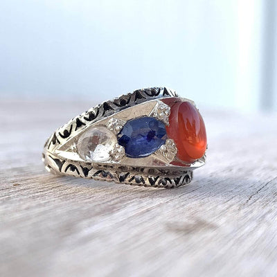 Multi Stone Handmade Persian Ring | Sapphire Peridot Agate Quartz Turquoise - Al Ali Gems