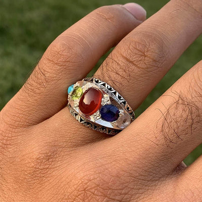 Multi Stone Handmade Persian Ring | Sapphire Peridot Agate Quartz Turquoise - Al Ali Gems