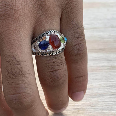 Multi Stone Handmade Persian Ring | Sapphire Peridot Agate Quartz Turquoise - Al Ali Gems