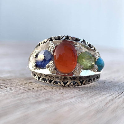 Multi Stone Handmade Persian Ring | Sapphire Peridot Agate Quartz Turquoise - Al Ali Gems