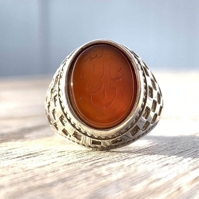 Red Aqeeq Stone Sterling Silver Mens Ring | Yemeni Red Aqeeq Handmade S925 | AlAliGems | Engraved Ali Wali Allah Size 11 - Al Ali Gems
