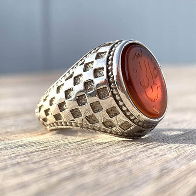 Red Aqeeq Stone Sterling Silver Mens Ring | Yemeni Red Aqeeq Handmade S925 | AlAliGems | Engraved Ali Wali Allah Size 11 - Al Ali Gems
