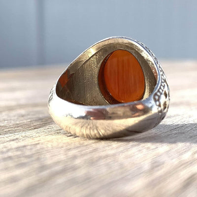 Red Aqeeq Stone Sterling Silver Mens Ring | Yemeni Red Aqeeq Handmade S925 | AlAliGems | Engraved Ali Wali Allah Size 11 - Al Ali Gems