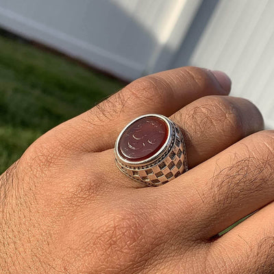 Red Aqeeq Stone Sterling Silver Mens Ring | Yemeni Red Aqeeq Handmade S925 | AlAliGems | Engraved Ali Wali Allah Size 11 - Al Ali Gems