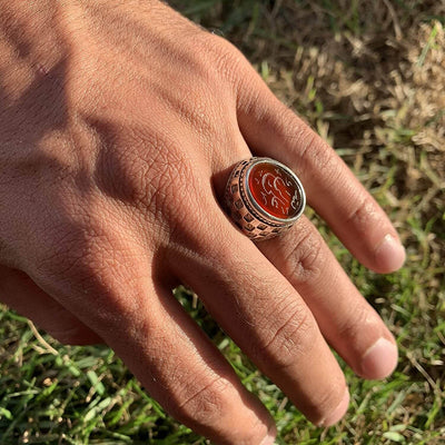 Red Aqeeq Stone Sterling Silver Mens Ring | Yemeni Red Aqeeq Handmade S925 | AlAliGems | Engraved Ali Wali Allah Size 11 - Al Ali Gems