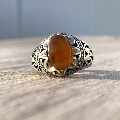 Red Aqeeq Stone Sterling Silver Mens Ring | Yemeni Red Aqeeq Handmade S925 | AlAliGems Size 10 - Al Ali Gems