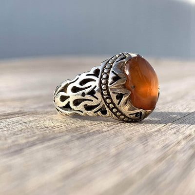 Red Aqeeq Stone Sterling Silver Mens Ring | Yemeni Red Aqeeq Handmade S925 | AlAliGems Size 10 - Al Ali Gems