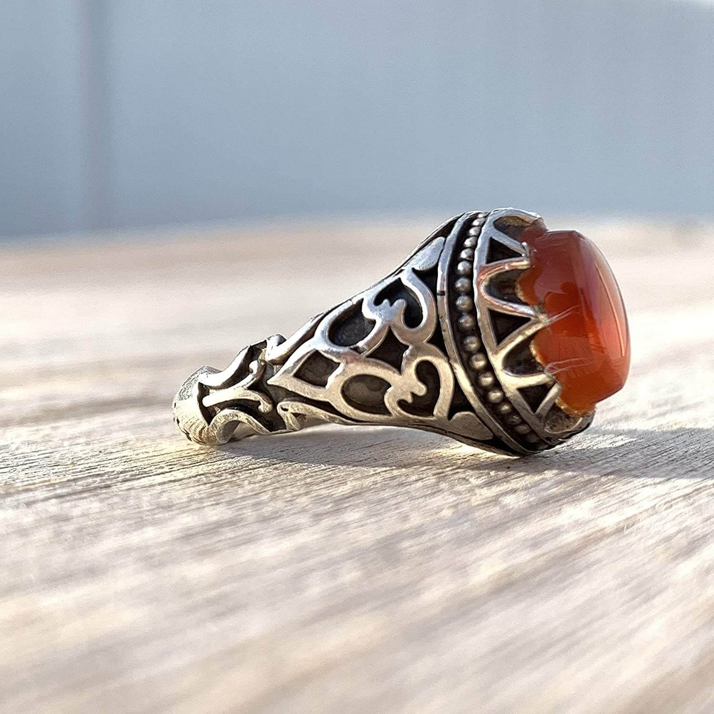Red Aqeeq Stone Sterling Silver Mens Ring | Yemeni Red Aqeeq Handmade S925 | AlAliGems Size 10.75 - Al Ali Gems
