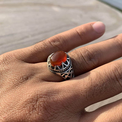 Red Aqeeq Stone Sterling Silver Mens Ring | Yemeni Red Aqeeq Handmade S925 | AlAliGems Size 10.75 - Al Ali Gems