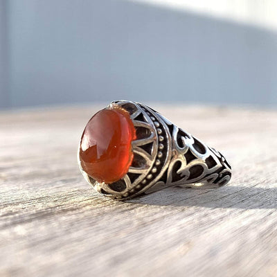 Red Aqeeq Stone Sterling Silver Mens Ring | Yemeni Red Aqeeq Handmade S925 | AlAliGems Size 10.75 - Al Ali Gems