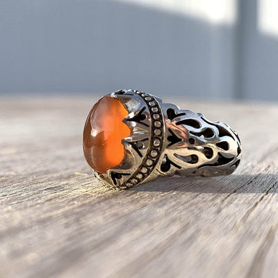Red Aqeeq Stone Sterling Silver Mens Ring | Yemeni Red Aqeeq Handmade S925 | AlAliGems Size 10 - Al Ali Gems