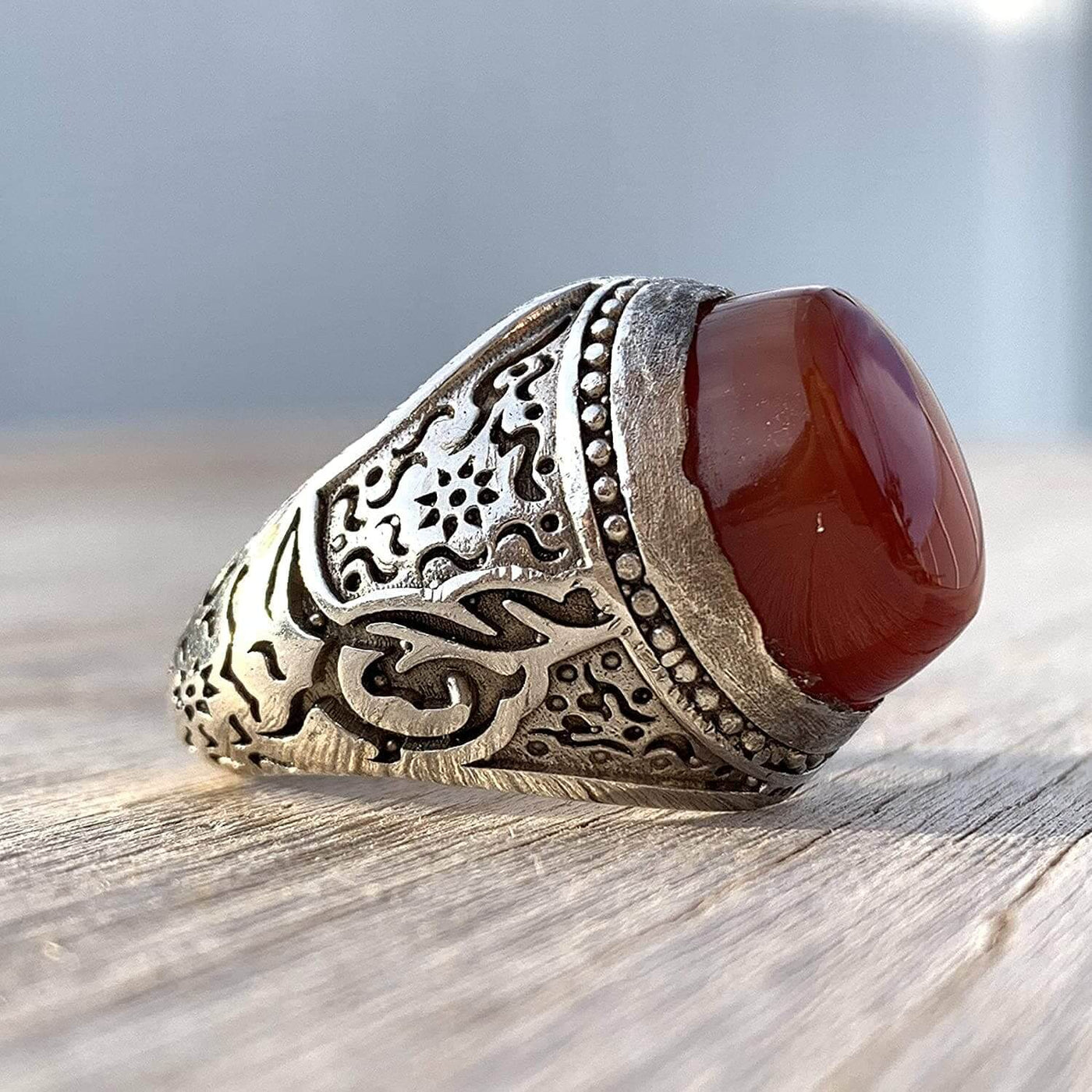 Red Aqeeq Stone Sterling Silver Mens Ring | Yemeni Red Aqeeq Handmade S925 | AlAliGems Size 12 - Al Ali Gems