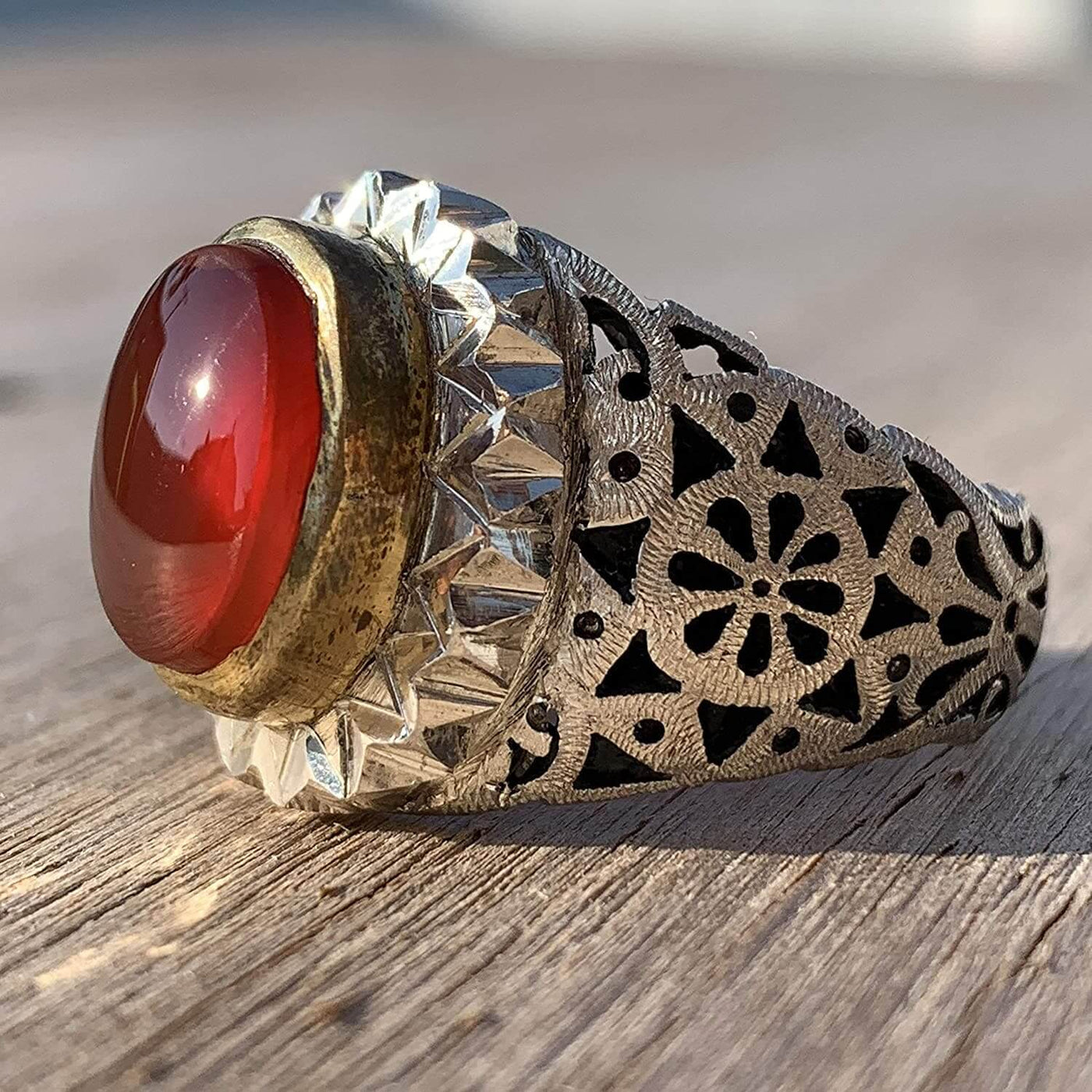 Red Aqeeq Stone Sterling Silver Mens Ring | Yemeni Red Aqeeq Handmade S925 | AlAliGems | US Size 12 - Al Ali Gems