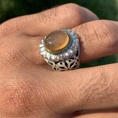 Sharaf Shams Ring | Yemeni Yellow Aqeeq Ring | AlAliGems | Handmade Ring S925 | Yellow Aqeeq Stone Ring Aqeeq Yellow | AQEEQ RING SHIA Size 11 | شرف الشمس چیست خاتم عقيق اصفر - Al Ali Gems