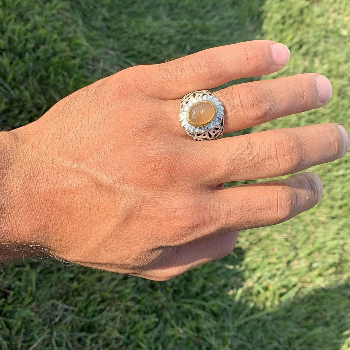 Sharaf Shams Ring | Yemeni Yellow Aqeeq Ring | AlAliGems | Handmade Ring S925 | Yellow Aqeeq Stone Ring Aqeeq Yellow | AQEEQ RING SHIA Size 11 | شرف الشمس چیست خاتم عقيق اصفر - Al Ali Gems