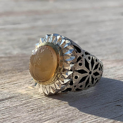 Sharaf Shams Ring | Yemeni Yellow Aqeeq Ring | AlAliGems | Handmade Ring S925 | Yellow Aqeeq Stone Ring Aqeeq Yellow | AQEEQ RING SHIA Size 11 | شرف الشمس چیست خاتم عقيق اصفر - Al Ali Gems