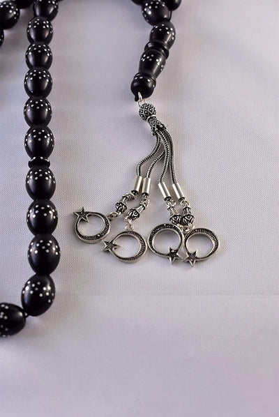 Sterling Silver Tassel Black Coral 33 Beads | مسبحة يسر Natural Yusr Tasbih Yusr Beads Yusur Beads - Al Ali Gems