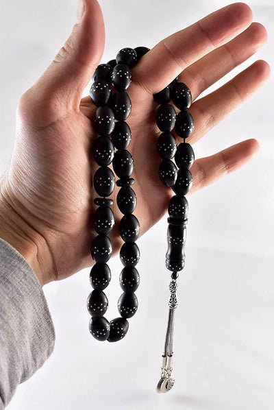 Sterling Silver Tassel Black Coral 33 Beads | مسبحة يسر Natural Yusr Tasbih Yusr Beads Yusur Beads - Al Ali Gems