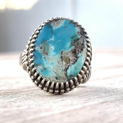 Turquoise Ring in Sterling Silver 925 & Genuine Turquoise | Neyshabur Turquoise | Feroza Stone Size 10 - Al Ali Gems