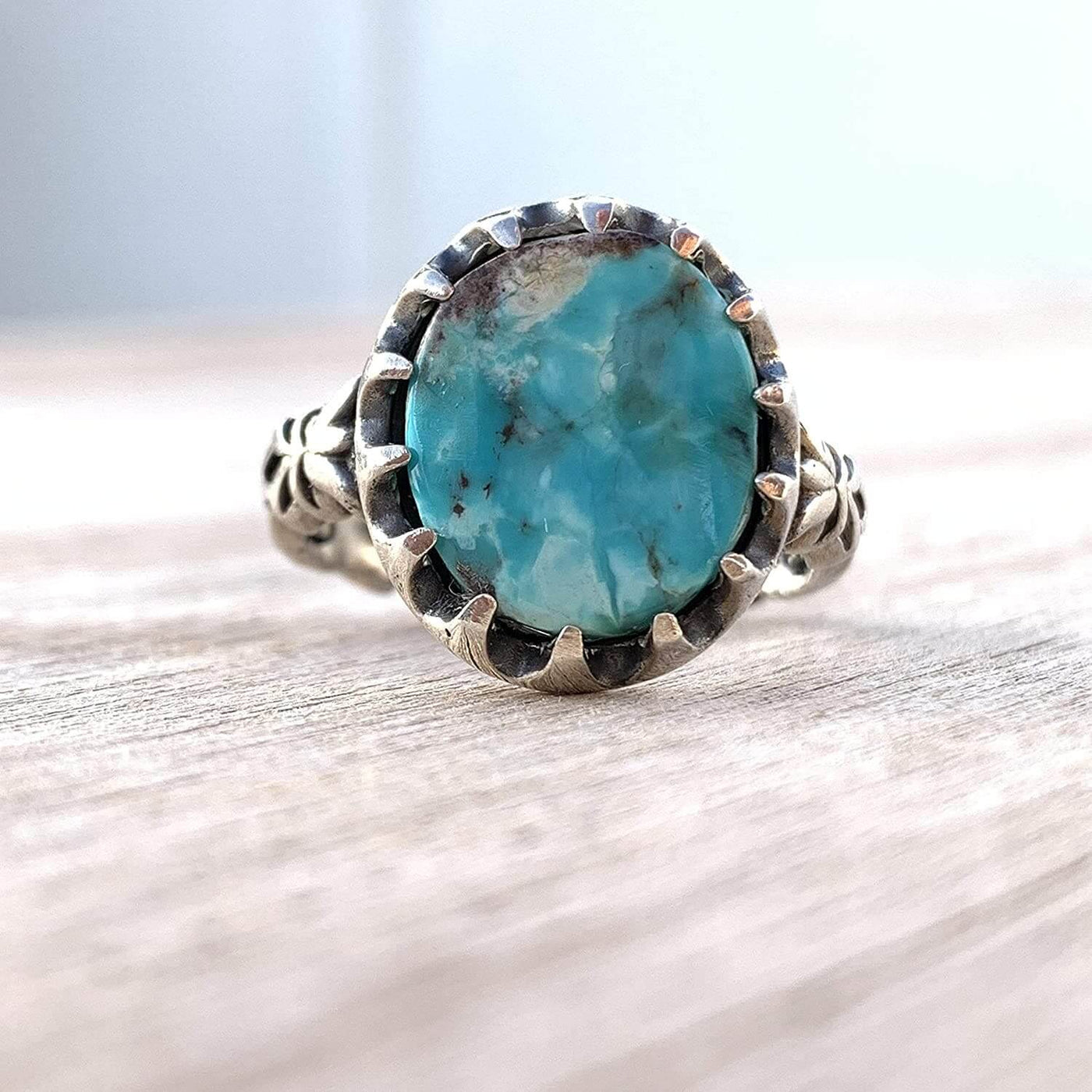 Turquoise Ring in Sterling Silver 925 & Genuine Turquoise | Neyshabur Turquoise | Feroza Stone Size 10 - Al Ali Gems