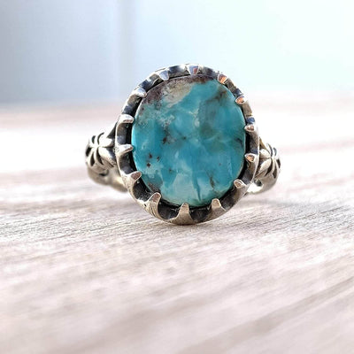 Turquoise Ring in Sterling Silver 925 & Genuine Turquoise | Neyshabur Turquoise | Feroza Stone Size 10 - Al Ali Gems
