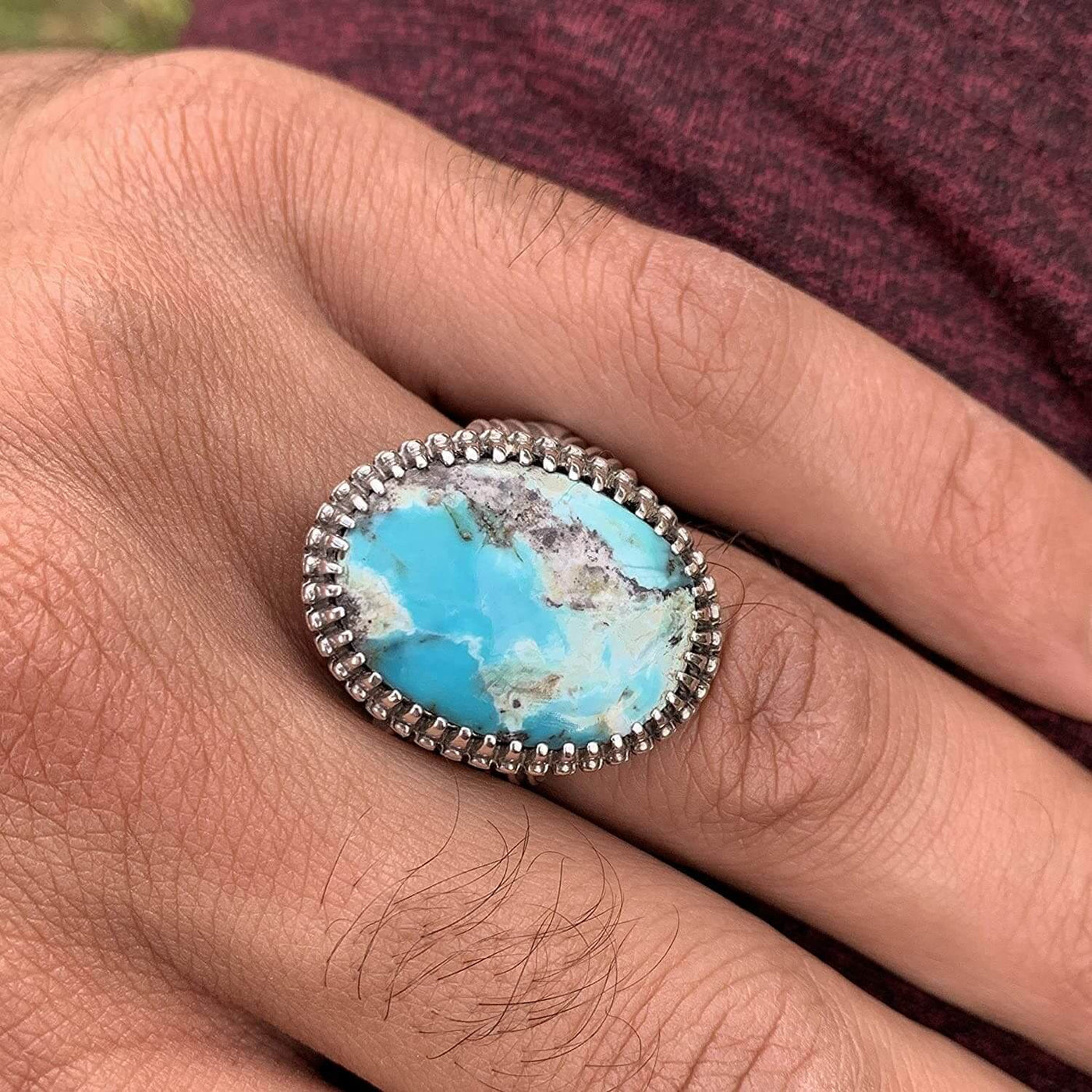 Turquoise Ring in Sterling Silver 925 & Genuine Turquoise | Neyshabur Turquoise | Feroza Stone Size 10 - Al Ali Gems