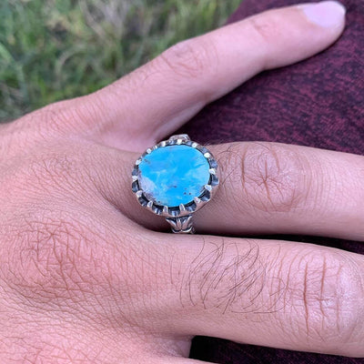 Turquoise Ring in Sterling Silver 925 & Genuine Turquoise | Neyshabur Turquoise | Feroza Stone Size 10 - Al Ali Gems