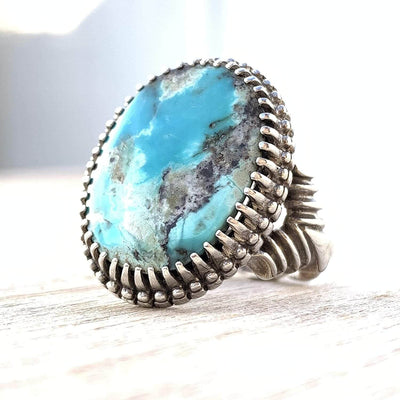 Turquoise Ring in Sterling Silver 925 & Genuine Turquoise | Neyshabur Turquoise | Feroza Stone Size 10 - Al Ali Gems