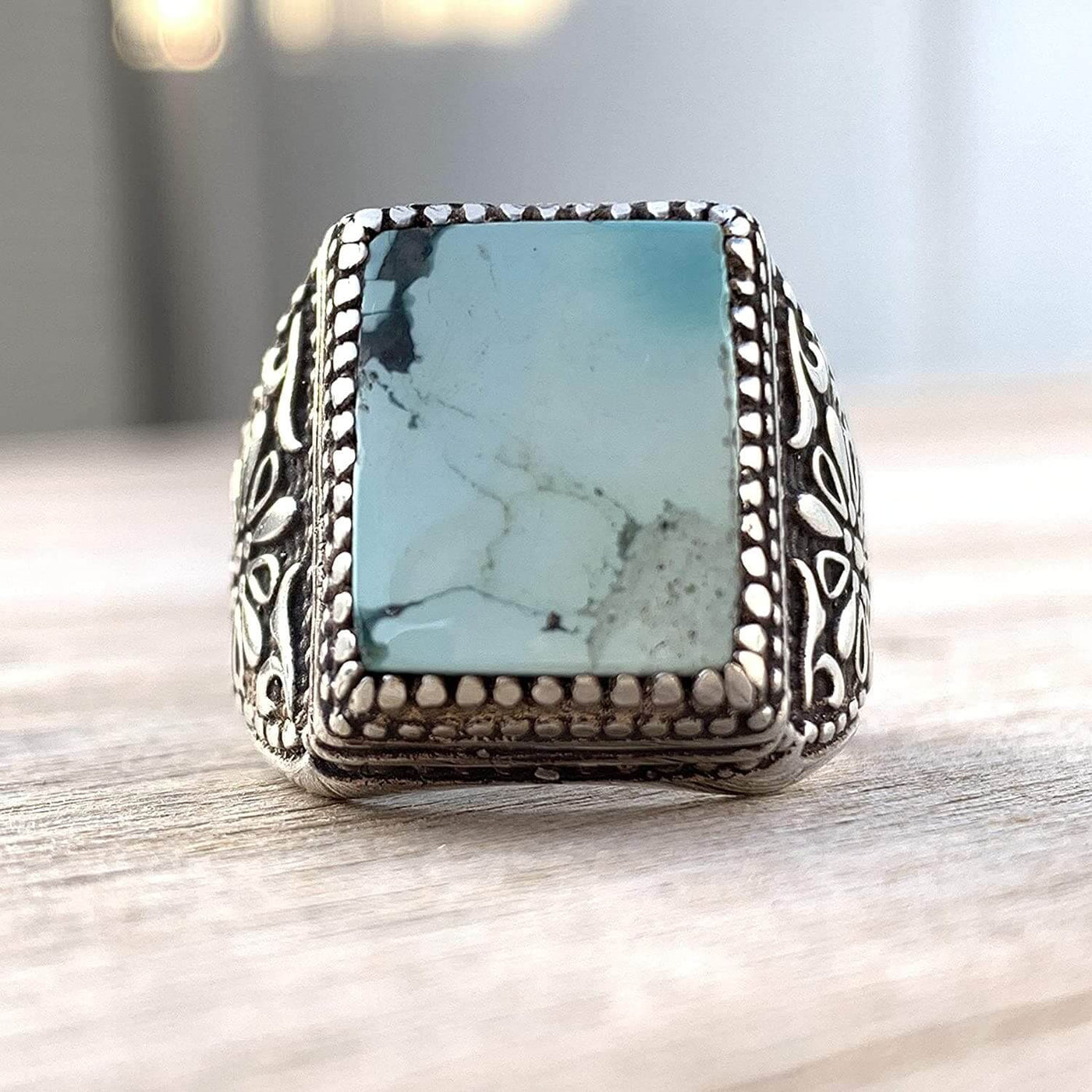 Turquoise Ring in Sterling Silver 925 & Genuine Turquoise | Neyshabur Turquoise | Feroza Stone Size 11 - Al Ali Gems