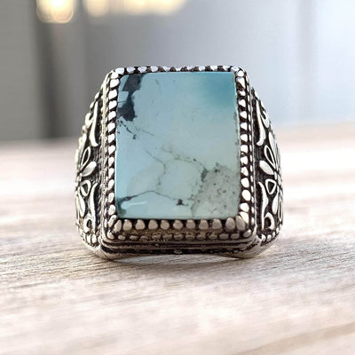 Turquoise Ring in Sterling Silver 925 & Genuine Turquoise | Neyshabur Turquoise | Feroza Stone Size 11 - Al Ali Gems