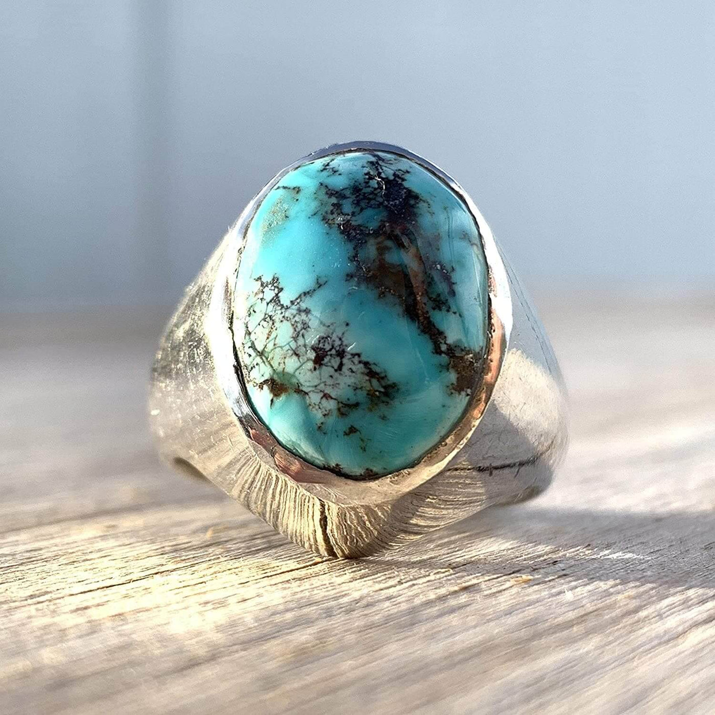 Turquoise Ring in Sterling Silver 925 & Genuine Turquoise | Neyshabur Turquoise | Feroza Stone Size 11 - Al Ali Gems