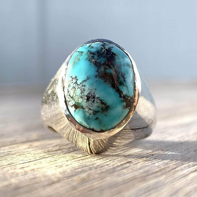 Turquoise Ring in Sterling Silver 925 & Genuine Turquoise | Neyshabur Turquoise | Feroza Stone Size 11 - Al Ali Gems