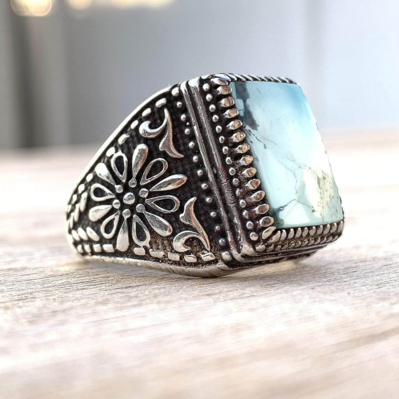 Turquoise Ring in Sterling Silver 925 & Genuine Turquoise | Neyshabur Turquoise | Feroza Stone Size 11 - Al Ali Gems