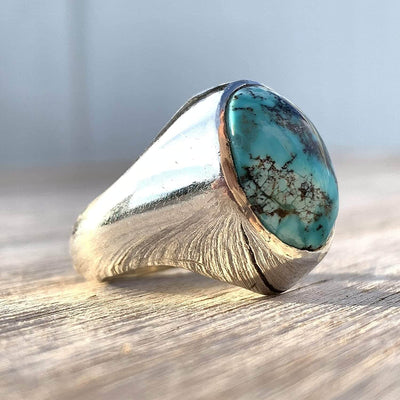 Turquoise Ring in Sterling Silver 925 & Genuine Turquoise | Neyshabur Turquoise | Feroza Stone Size 11 - Al Ali Gems