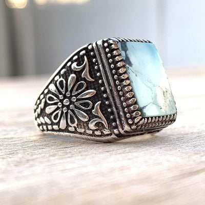 Turquoise Ring in Sterling Silver 925 & Genuine Turquoise | Neyshabur Turquoise | Feroza Stone Size 11 - Al Ali Gems