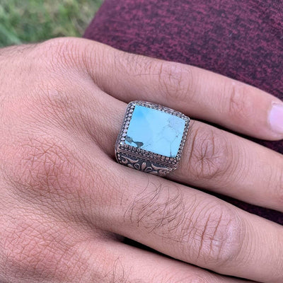 Turquoise Ring in Sterling Silver 925 & Genuine Turquoise | Neyshabur Turquoise | Feroza Stone Size 11 - Al Ali Gems