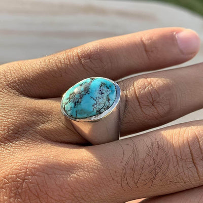 Turquoise Ring in Sterling Silver 925 & Genuine Turquoise | Neyshabur Turquoise | Feroza Stone Size 11 - Al Ali Gems