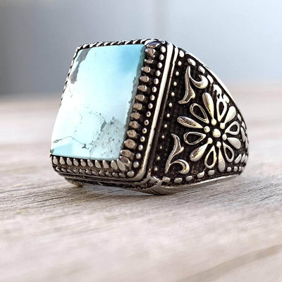 Turquoise Ring in Sterling Silver 925 & Genuine Turquoise | Neyshabur Turquoise | Feroza Stone Size 11 - Al Ali Gems