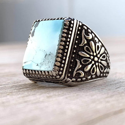 Turquoise Ring in Sterling Silver 925 & Genuine Turquoise | Neyshabur Turquoise | Feroza Stone Size 11 - Al Ali Gems