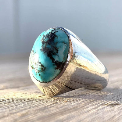Turquoise Ring in Sterling Silver 925 & Genuine Turquoise | Neyshabur Turquoise | Feroza Stone Size 11 - Al Ali Gems