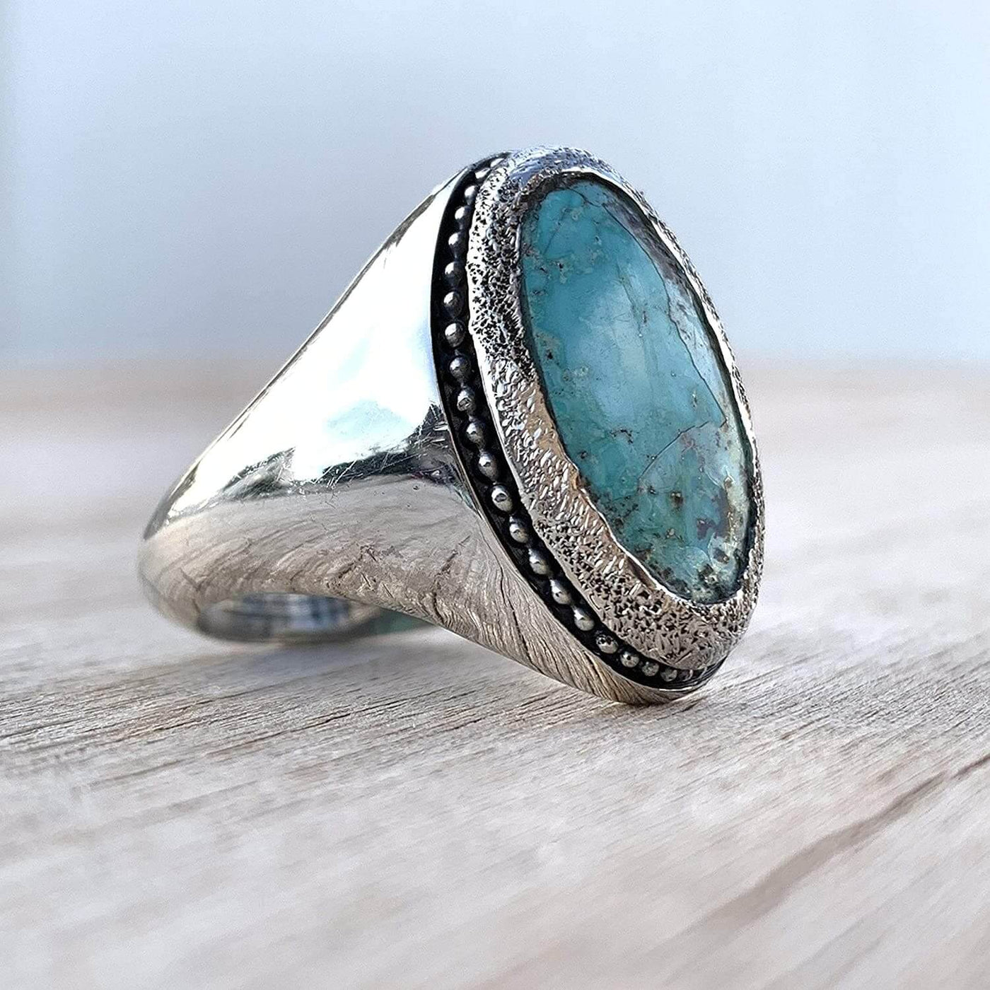 Turquoise Ring in Sterling Silver 925 & Genuine Turquoise | Neyshabur Turquoise | Feroza Stone Size 12.25 - Al Ali Gems