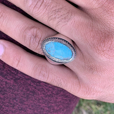 Turquoise Ring in Sterling Silver 925 & Genuine Turquoise | Neyshabur Turquoise | Feroza Stone Size 12.25 - Al Ali Gems