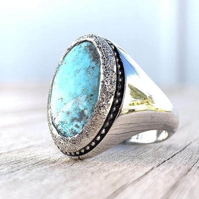 Turquoise Ring in Sterling Silver 925 & Genuine Turquoise | Neyshabur Turquoise | Feroza Stone Size 12.25 - Al Ali Gems
