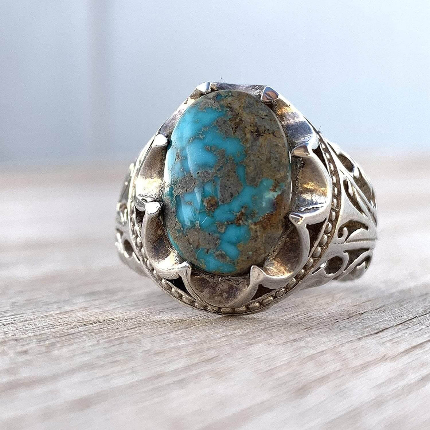 Turquoise Ring in Sterling Silver 925 & Genuine Turquoise | Neyshabur Turquoise | Feroza Stone Size 12 - Al Ali Gems