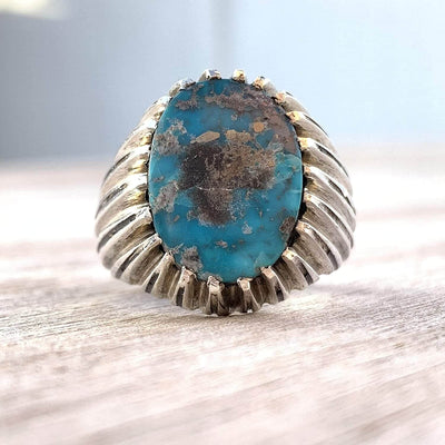 Turquoise Ring in Sterling Silver 925 & Genuine Turquoise | Neyshabur Turquoise | Feroza Stone Size 9 - Al Ali Gems