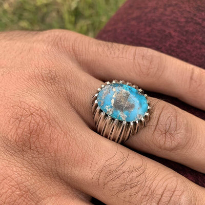 Turquoise Ring in Sterling Silver 925 & Genuine Turquoise | Neyshabur Turquoise | Feroza Stone Size 9 - Al Ali Gems
