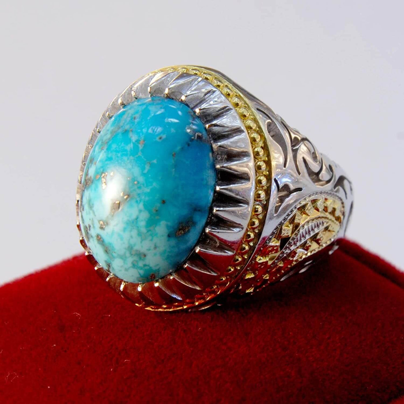 Vintage Style Natural Persian Turquoise Ring | AlAliGems | S925 | Kerman Turquoise | US Size 13 - Al Ali Gems