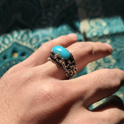 Vintage Style Natural Persian Turquoise Ring | AlAliGems | S925 | Kermani Mountin | US Size 8.5 - Al Ali Gems